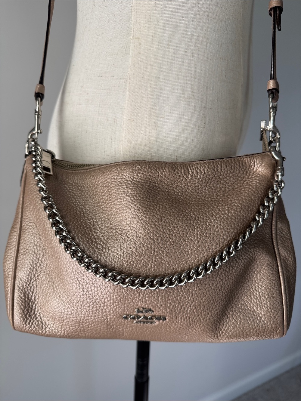 Coach Carrie F39207 Metallic Pebbled Leather Chain Crossbody Bag